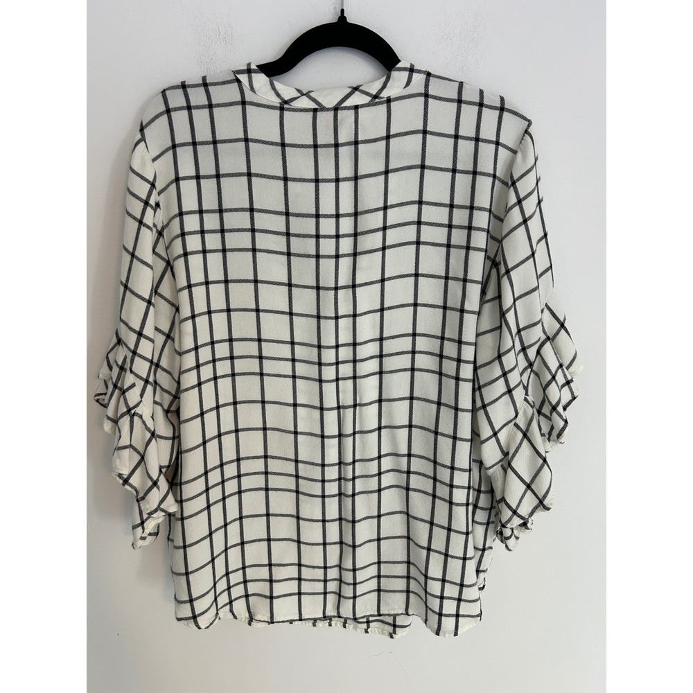Vince Camuto Women 2X White Black Windowpane Plaid Ruffle Sleeve Blouse Top - Picture 6 of 8